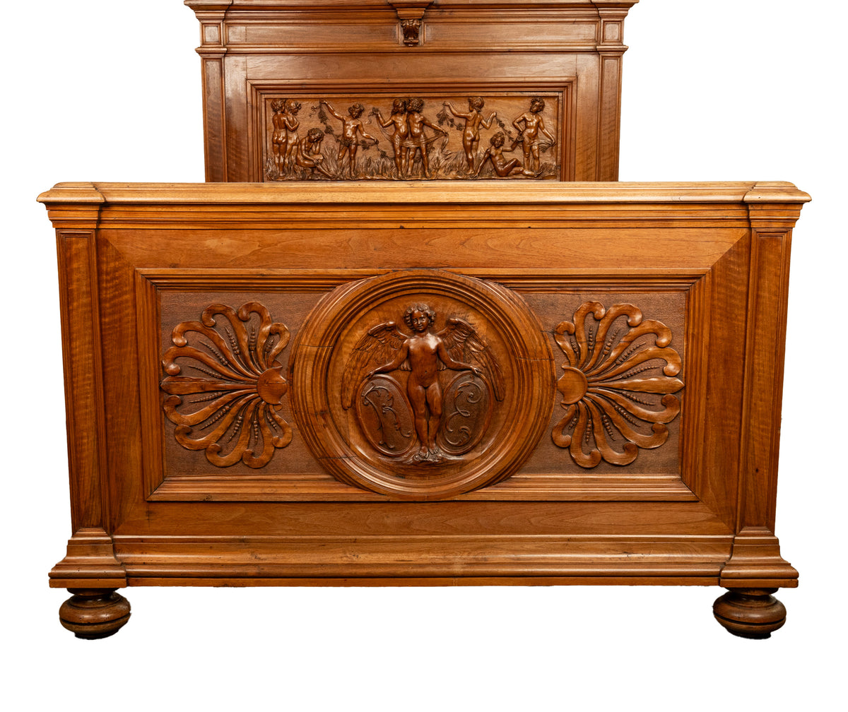 Antique Italian Neoclassical Carved Walnut Size Bed Angels Cherubs Nudes 1870