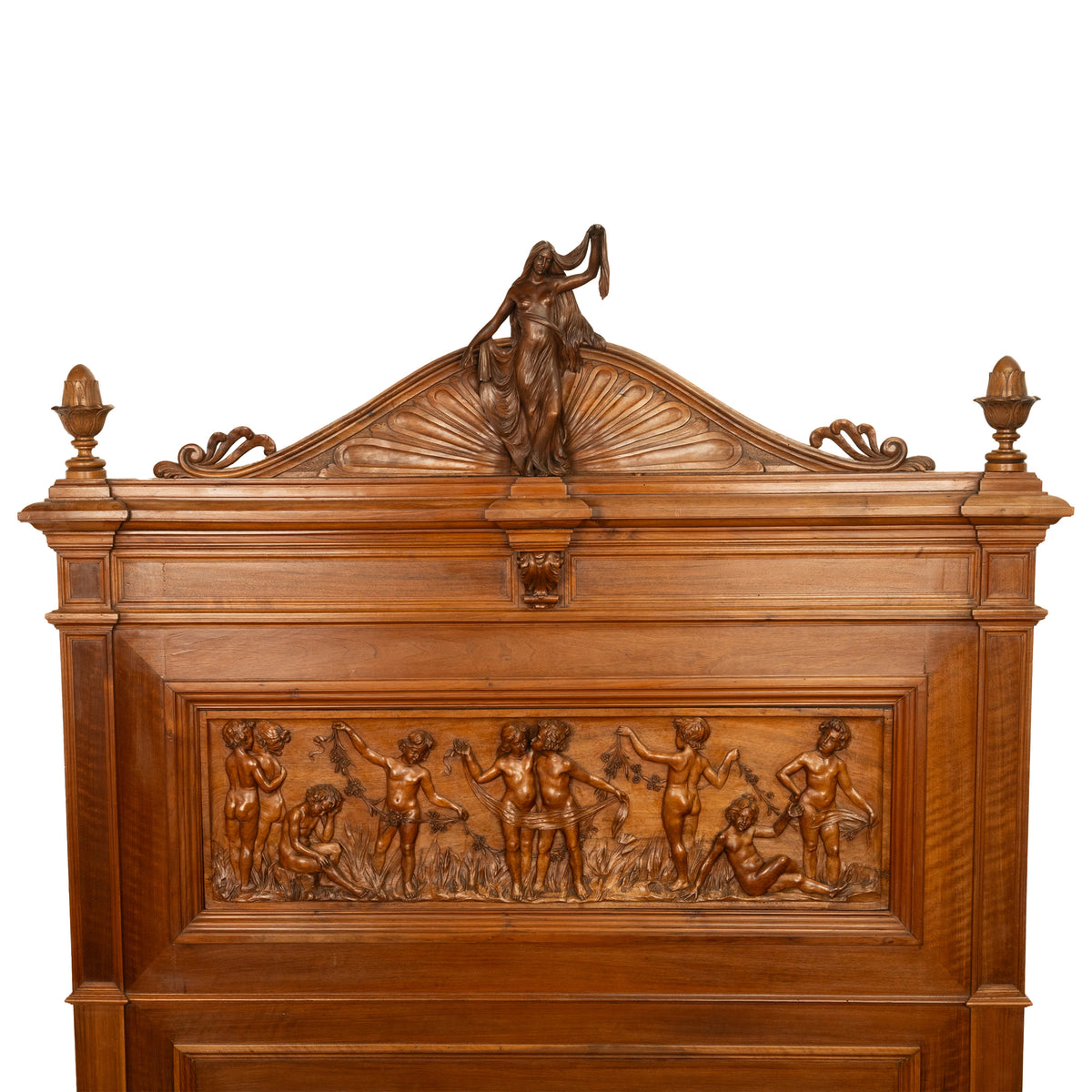 Antique Italian Neoclassical Carved Walnut Size Bed Angels Cherubs Nudes 1870