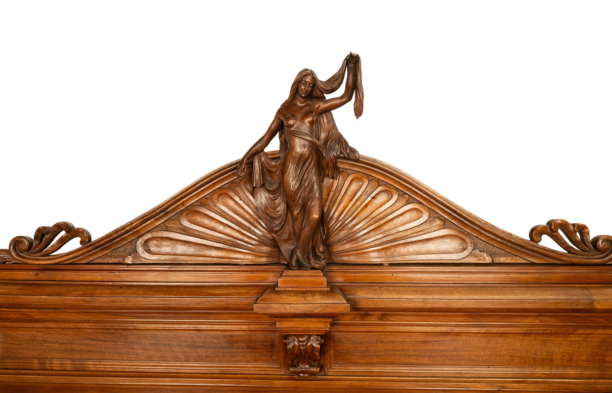Antique Italian Neoclassical Carved Walnut Size Bed Angels Cherubs Nudes 1870