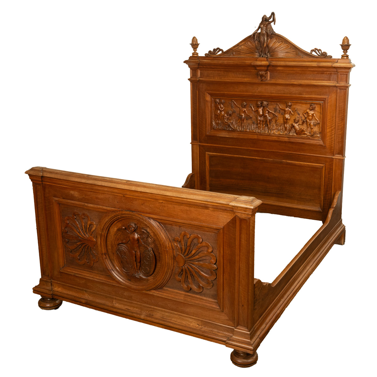 Antique Italian Neoclassical Carved Walnut Size Bed Angels Cherubs Nudes 1870