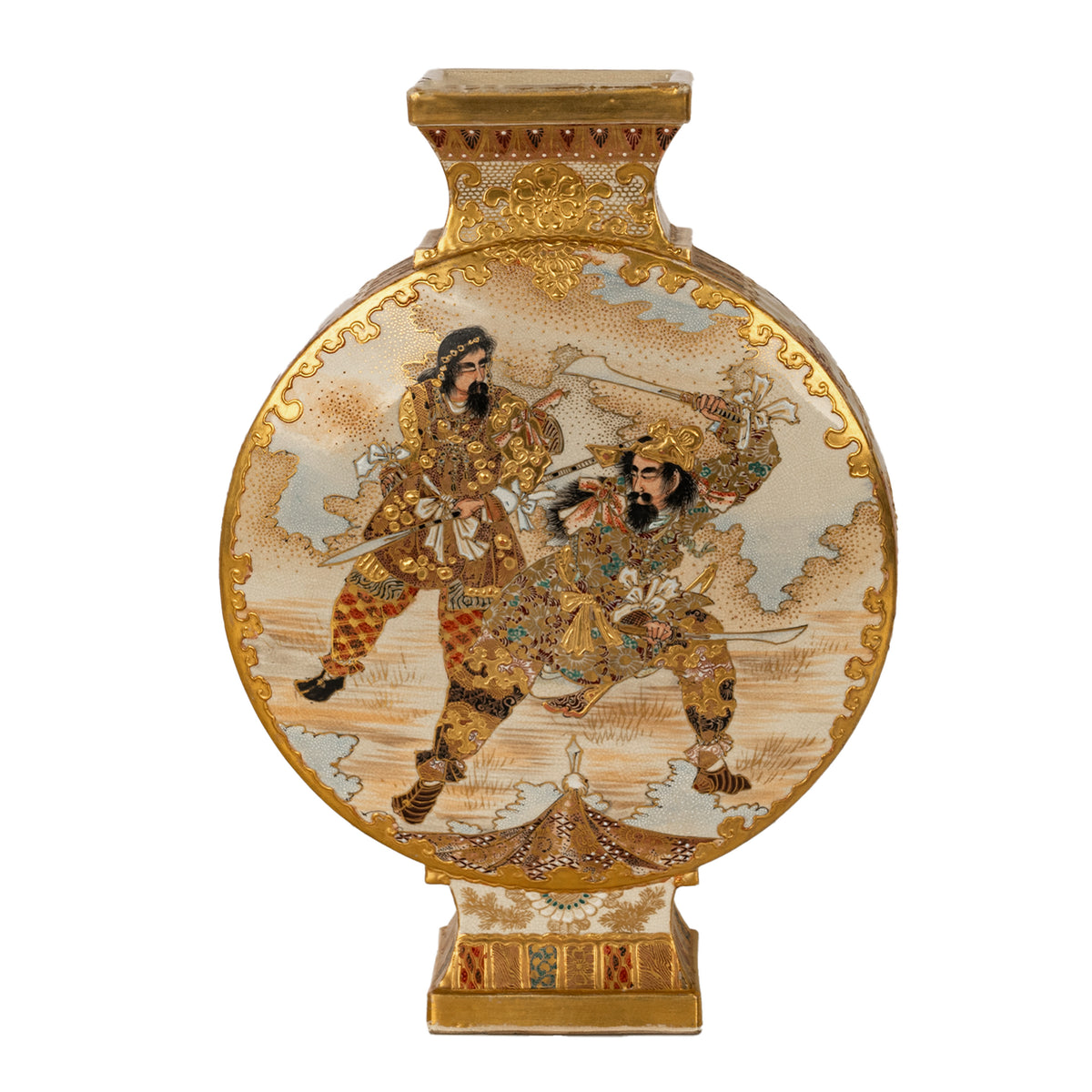 Antique Japanese Meiji Period Satsuma Pottery Moon Flask Vase Samurai 1880