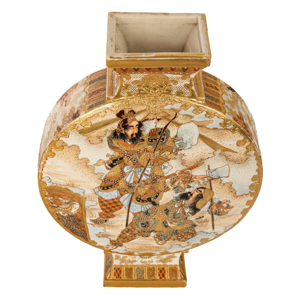 Antique Japanese Meiji Period Satsuma Pottery Moon Flask Vase Samurai 1880