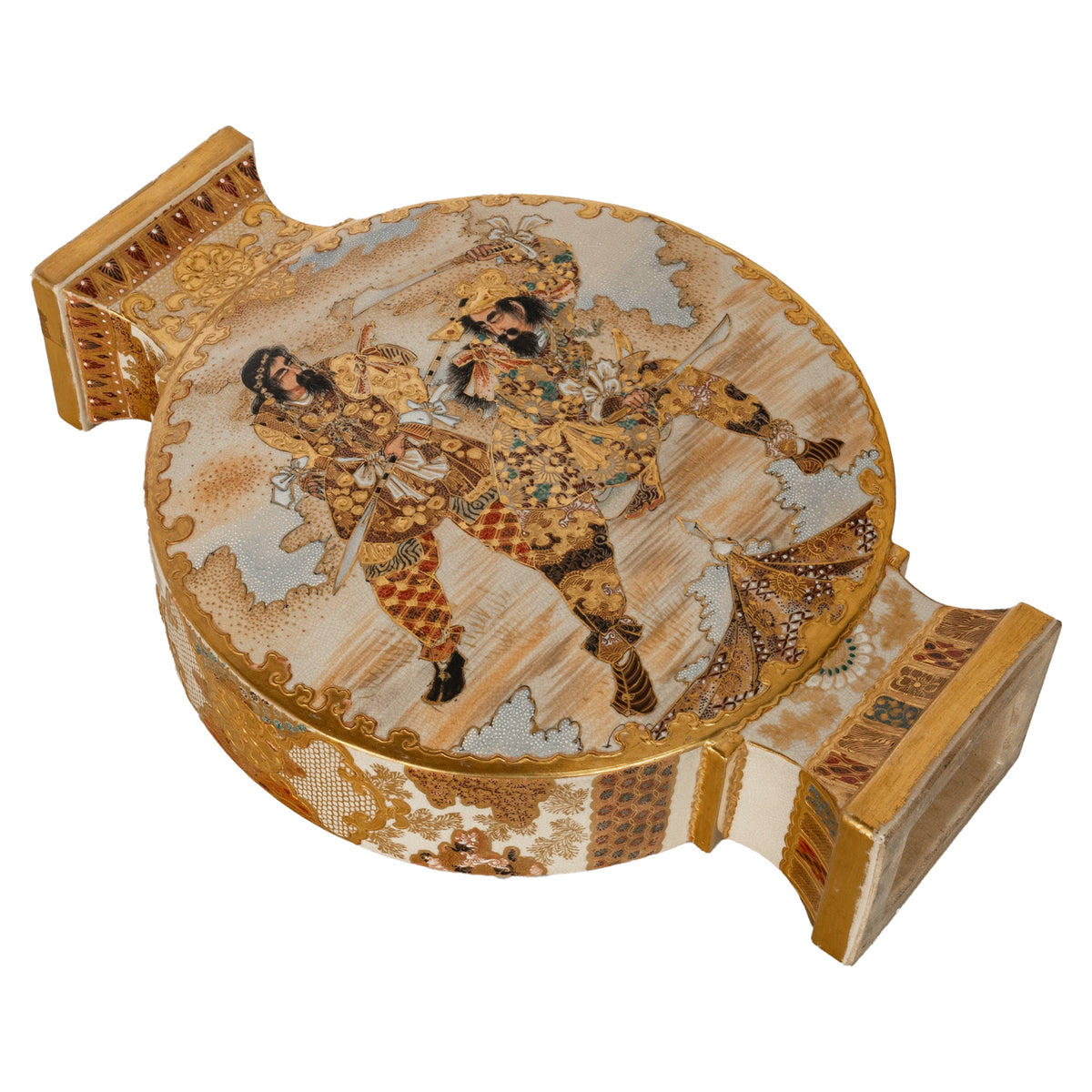 Antique Japanese Meiji Period Satsuma Pottery Moon Flask Vase Samurai 1880