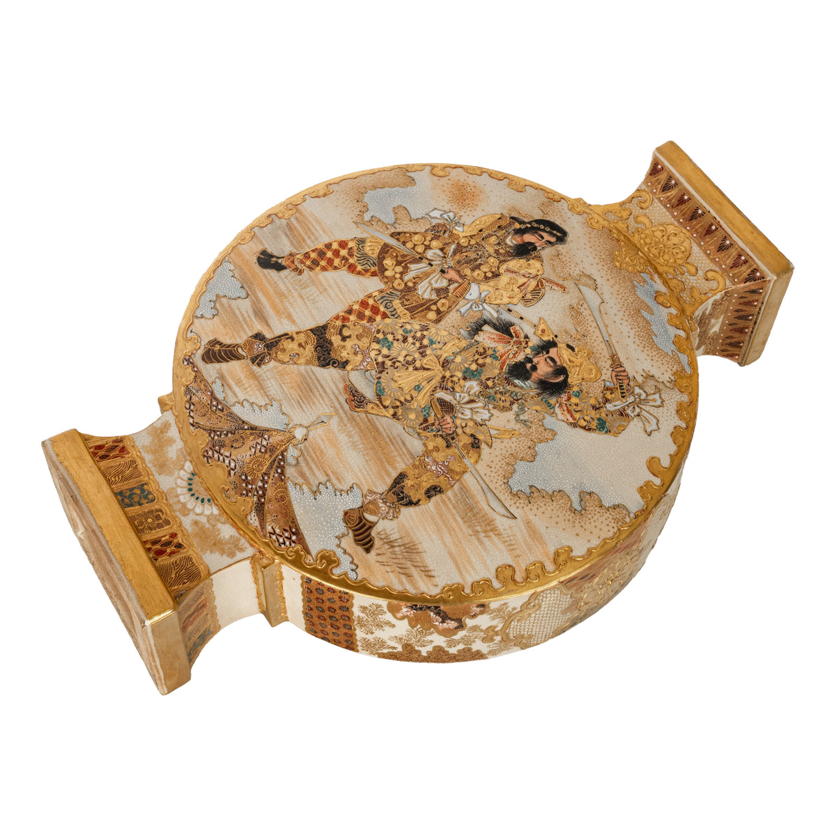 Antique Japanese Meiji Period Satsuma Pottery Moon Flask Vase Samurai 1880