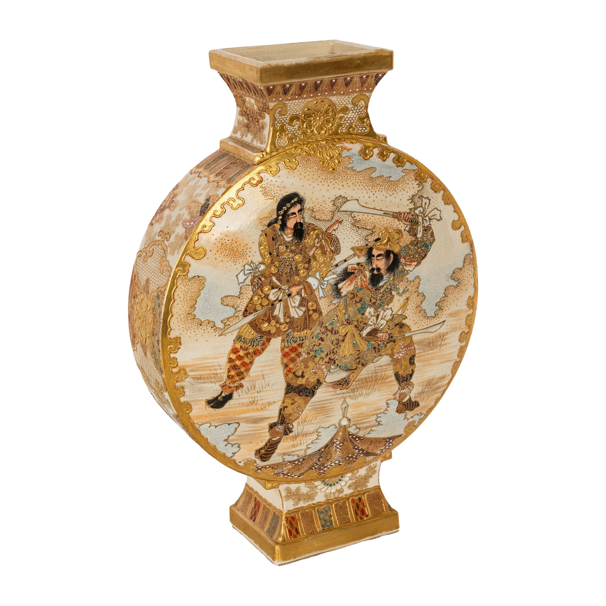 Antique Japanese Meiji Period Satsuma Pottery Moon Flask Vase Samurai 1880