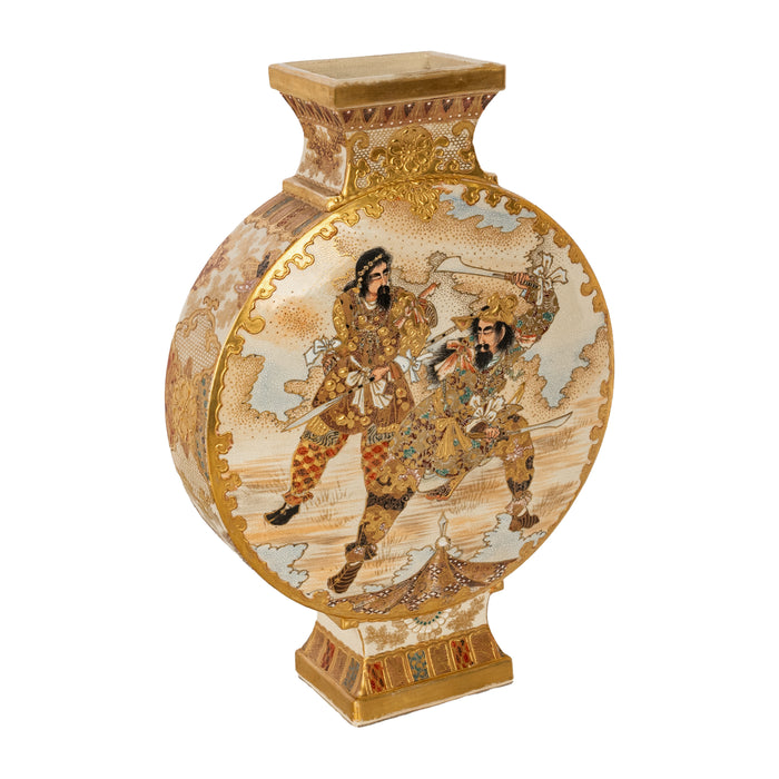 Antique Japanese Meiji Period Satsuma Pottery Moon Flask Vase Samurai 1880