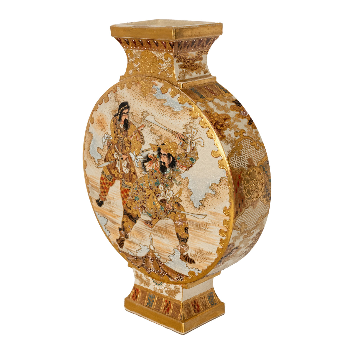Antique Japanese Meiji Period Satsuma Pottery Moon Flask Vase Samurai 1880