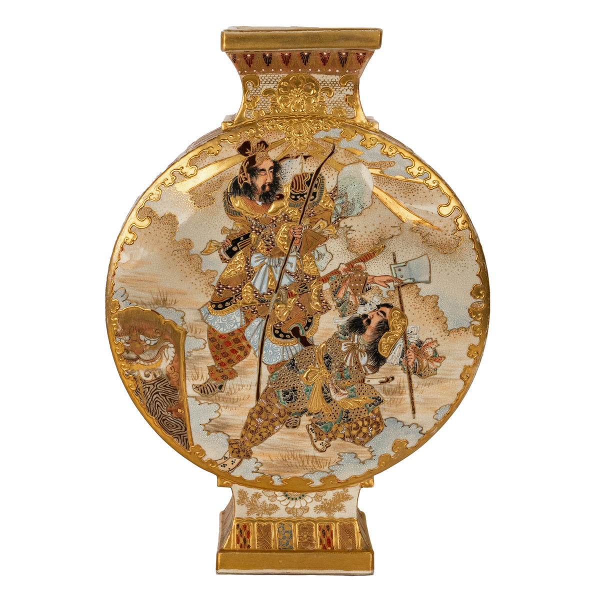 Antique Japanese Meiji Period Satsuma Pottery Moon Flask Vase Samurai 1880