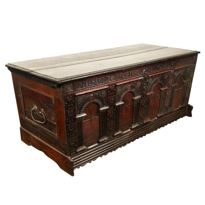 Antique Monumental German Carved Oak Baroque Marquetry Dowry Chest Coffer 1723