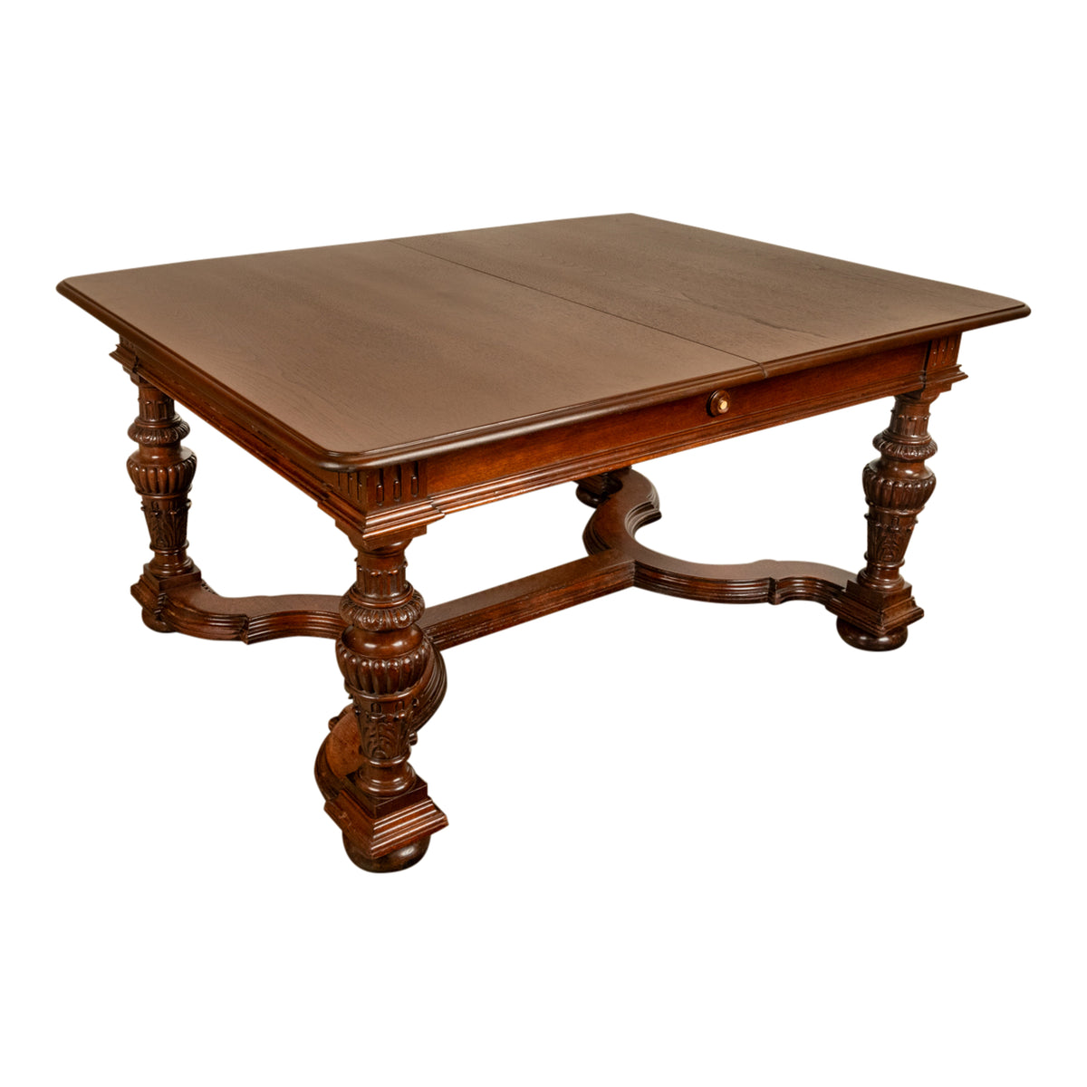 Antique French Carved Mahogany Baroque Revival Dining Table with Two Leaves 1900