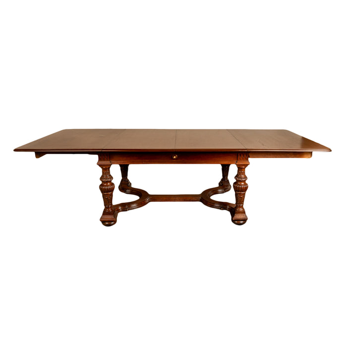 Antique French Carved Mahogany Baroque Revival Dining Table with Two Leaves 1900
