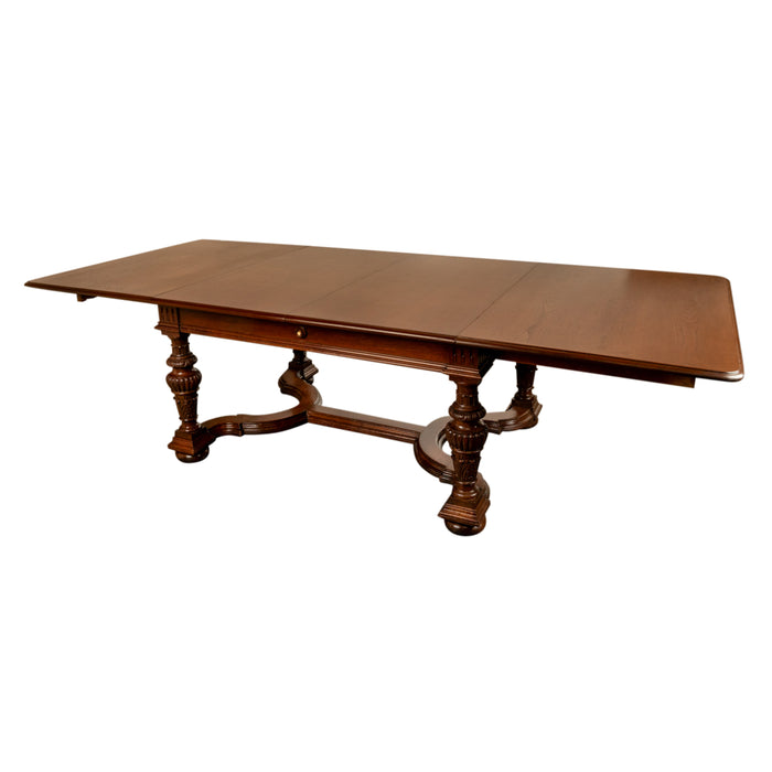 Antique French Carved Mahogany Baroque Revival Dining Table with Two Leaves 1900