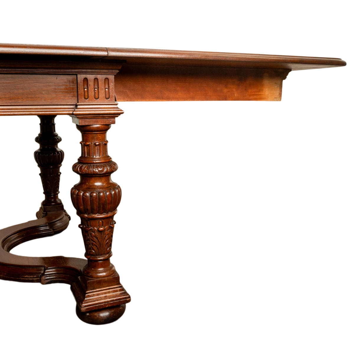 Antique French Carved Mahogany Baroque Revival Dining Table with Two Leaves 1900