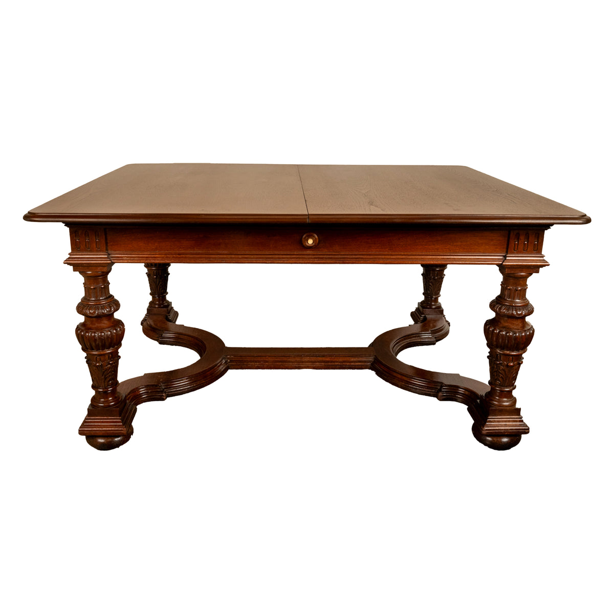 Antique French Carved Mahogany Baroque Revival Dining Table with Two Leaves 1900