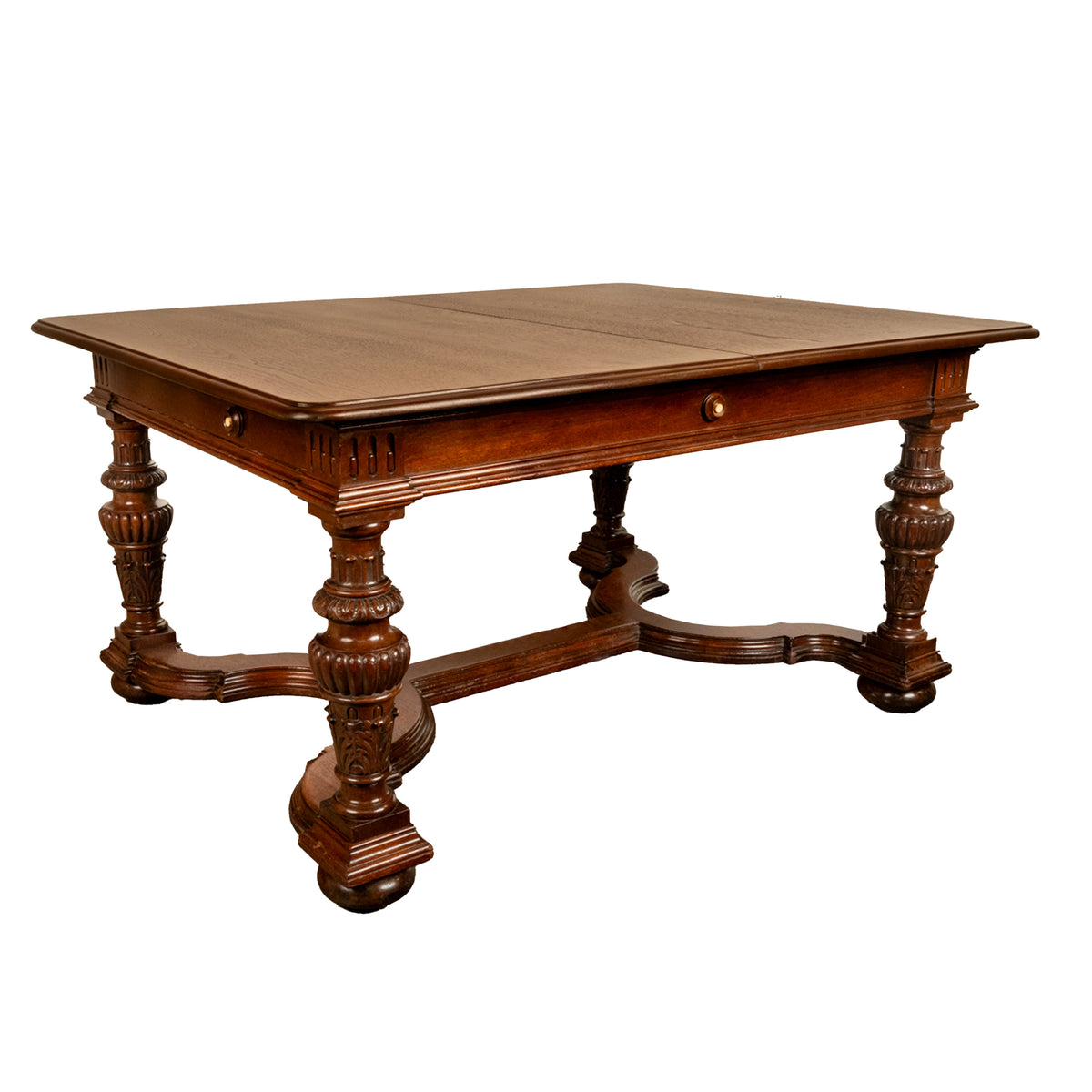 Antique French Carved Mahogany Baroque Revival Dining Table with Two Leaves 1900
