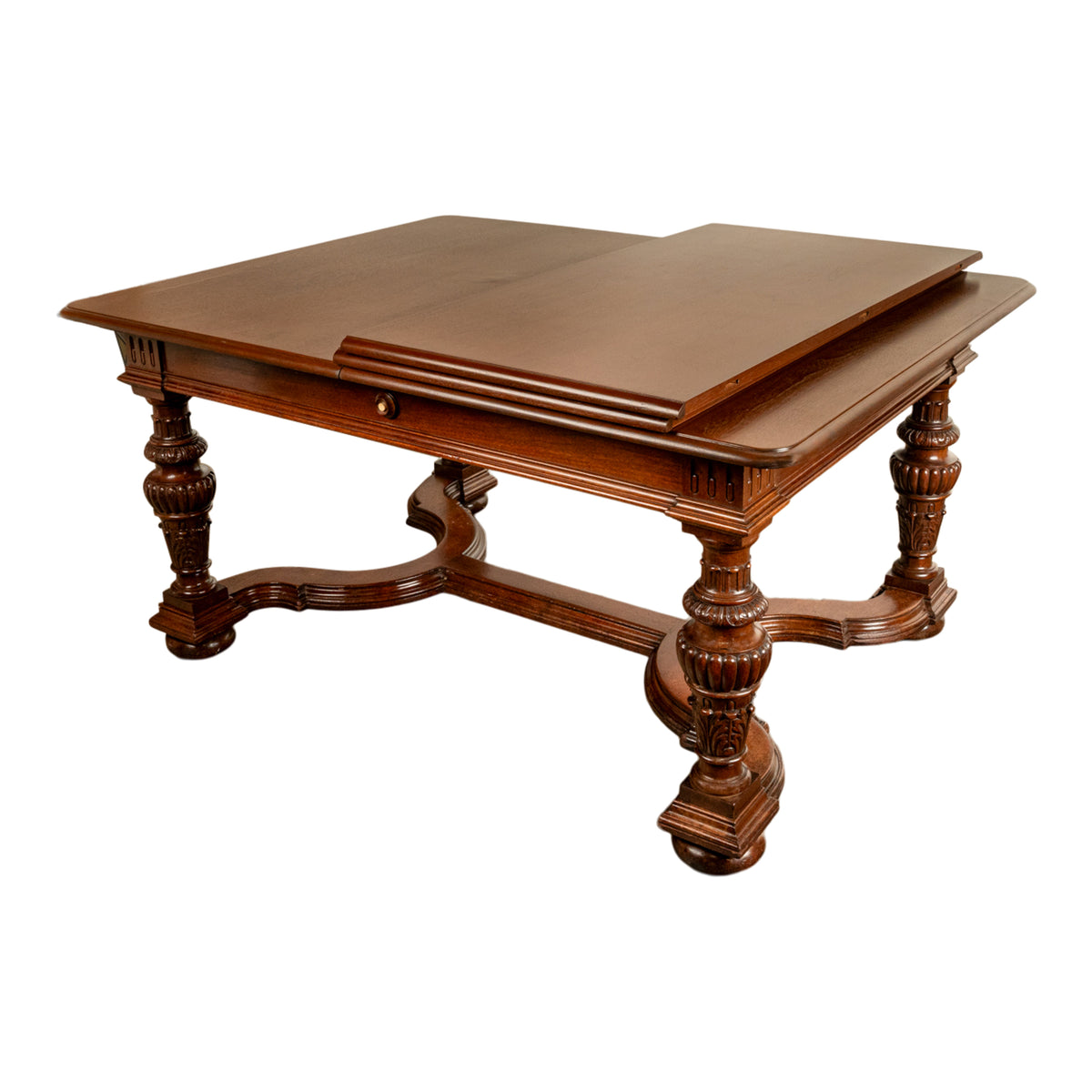 Antique French Carved Mahogany Baroque Revival Dining Table with Two Leaves 1900