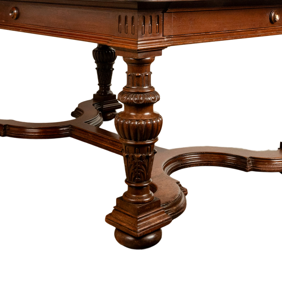 Antique French Carved Mahogany Baroque Revival Dining Table with Two Leaves 1900