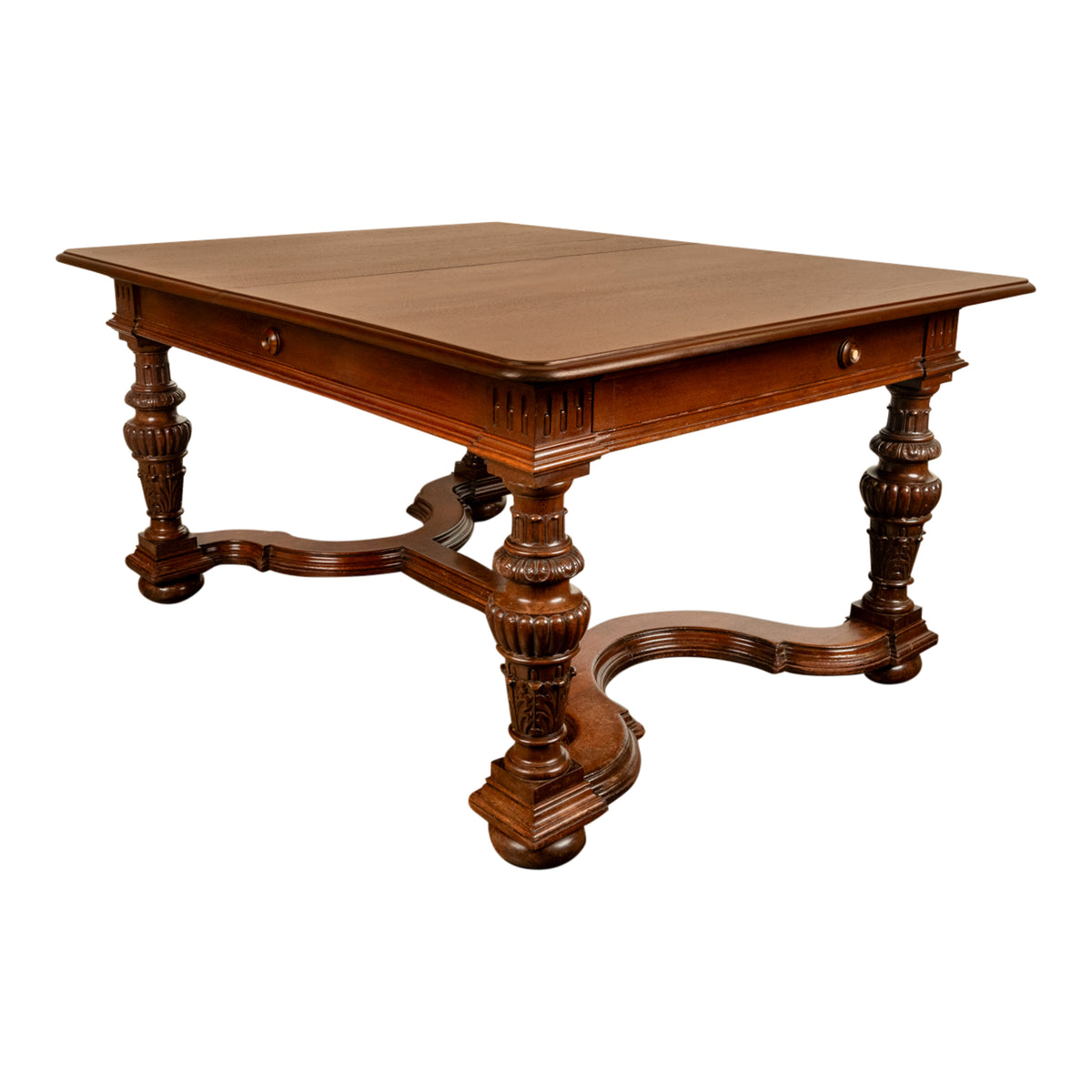Antique French Carved Mahogany Baroque Revival Dining Table with Two Leaves 1900