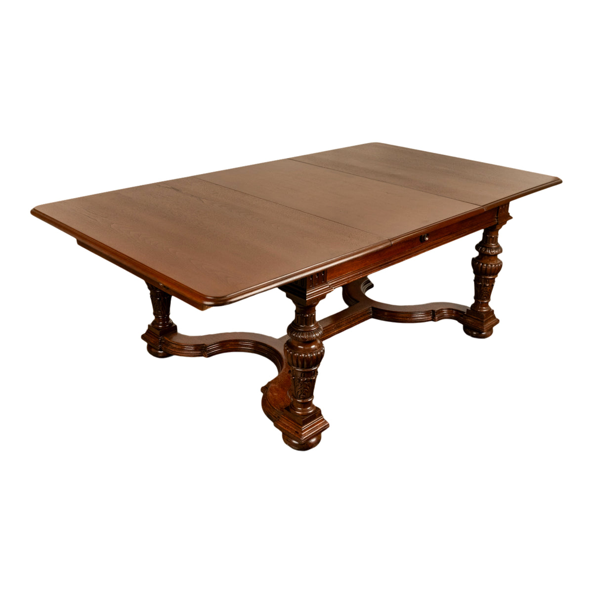 Antique French Carved Mahogany Baroque Revival Dining Table with Two Leaves 1900