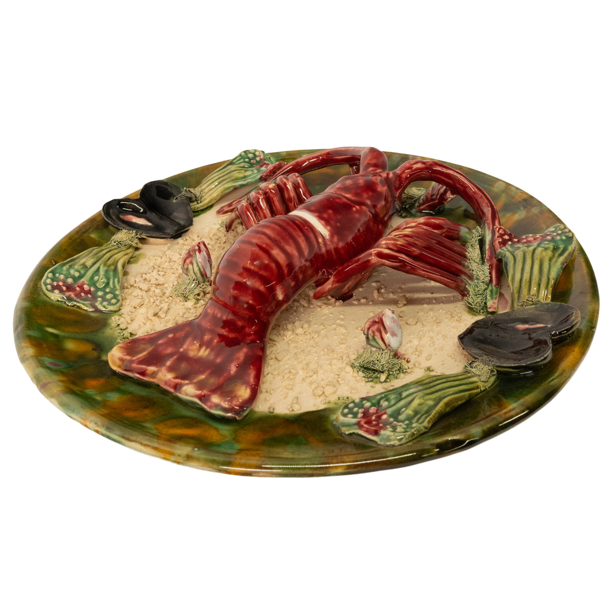 Antique Majolica Pottery Palissy Ware Lobster 12" Plate Casadinho Portugal 1900