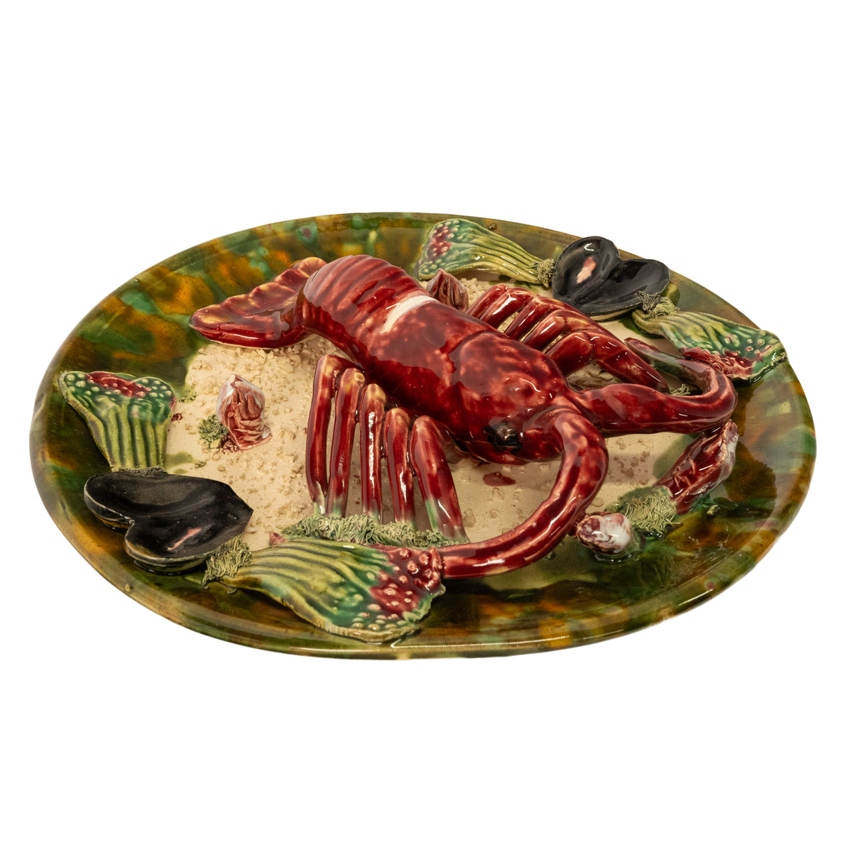 Antique Majolica Pottery Palissy Ware Lobster 12" Plate Casadinho Portugal 1900