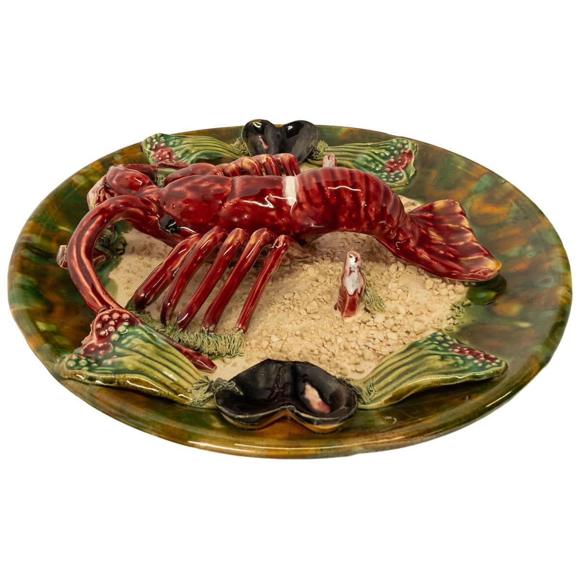 Antique Majolica Pottery Palissy Ware Lobster 12" Plate Casadinho Portugal 1900