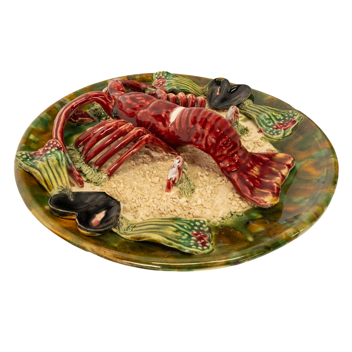 Antique Majolica Pottery Palissy Ware Lobster 12" Plate Casadinho Portugal 1900