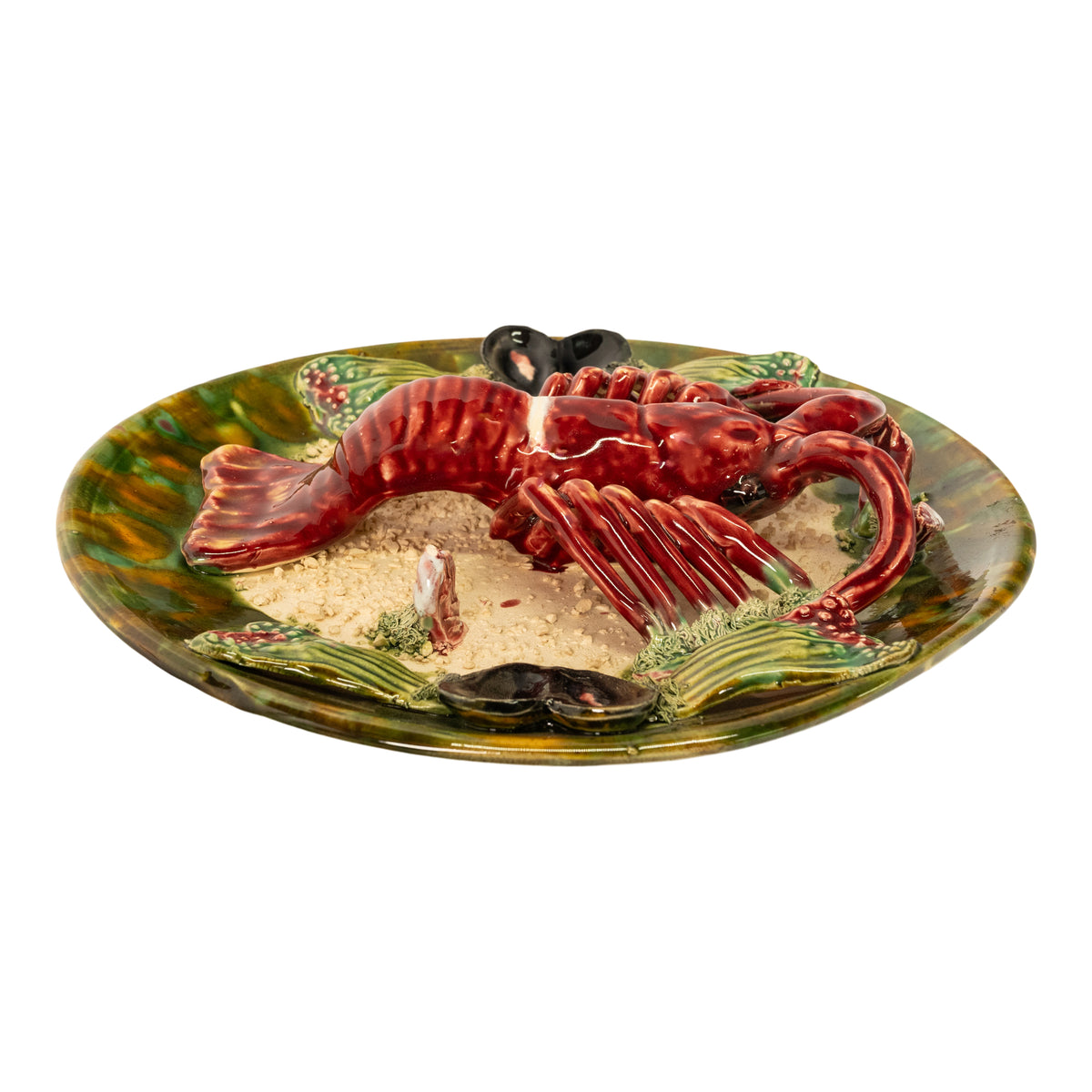 Antique Majolica Pottery Palissy Ware Lobster 12" Plate Casadinho Portugal 1900