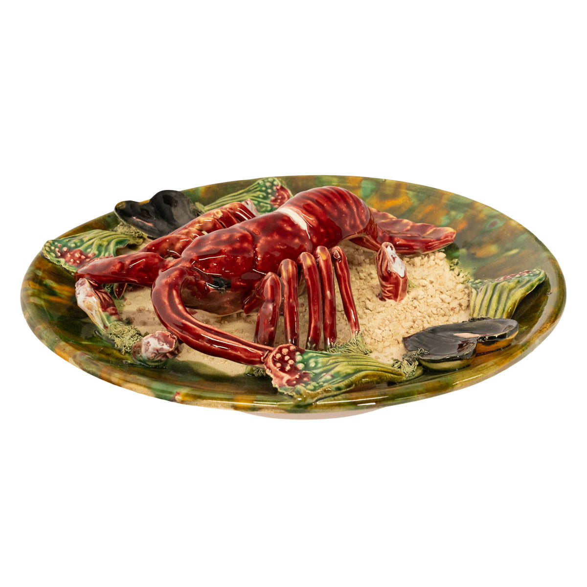 Antique Majolica Pottery Palissy Ware Lobster 12" Plate Casadinho Portugal 1900