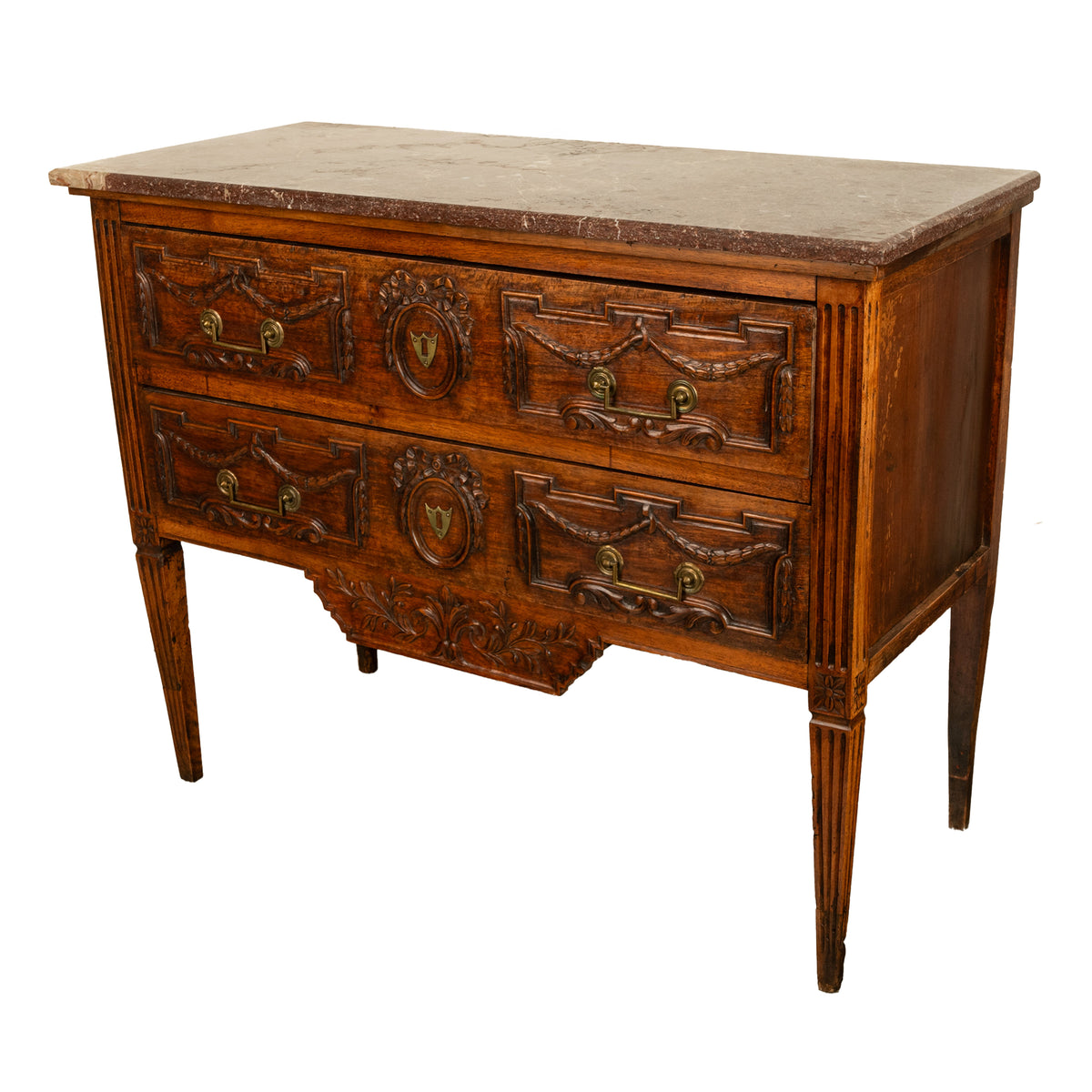 Antique 18th Century Louis XVI French Carved Walnut Marble Top Commode Chest Circa 1780