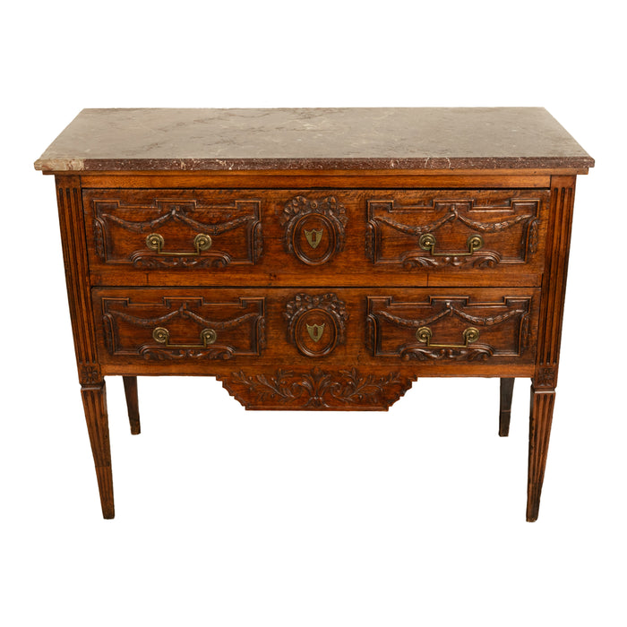 Antique 18th Century Louis XVI French Carved Walnut Marble Top Commode Chest Circa 1780