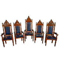 Antique Set of 5 Gothic Revival Irish Masonic Oak & Leather Throne Chairs 1900