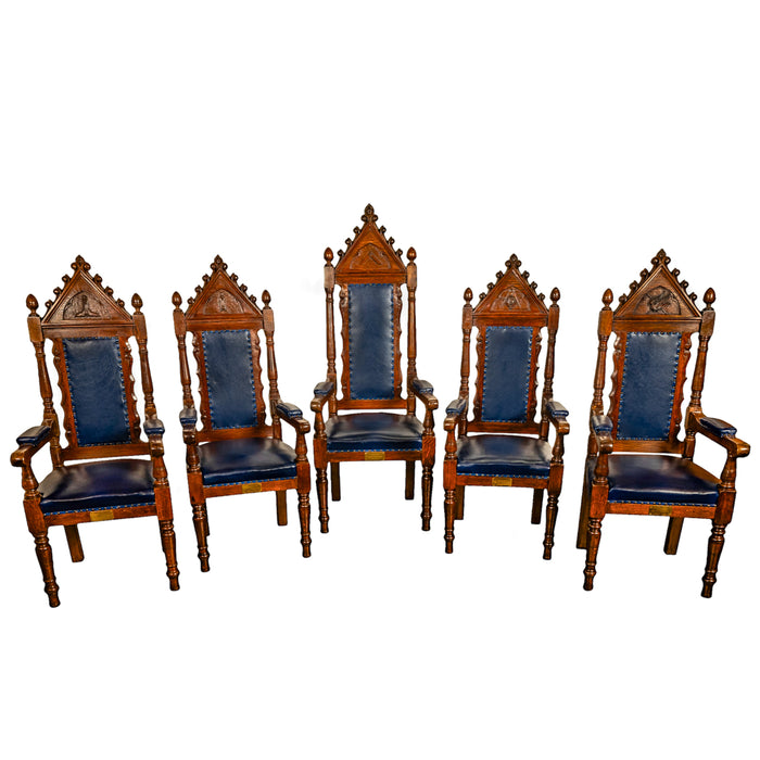 Antique Set of 5 Gothic Revival Irish Masonic Oak & Leather Throne Chairs 1900
