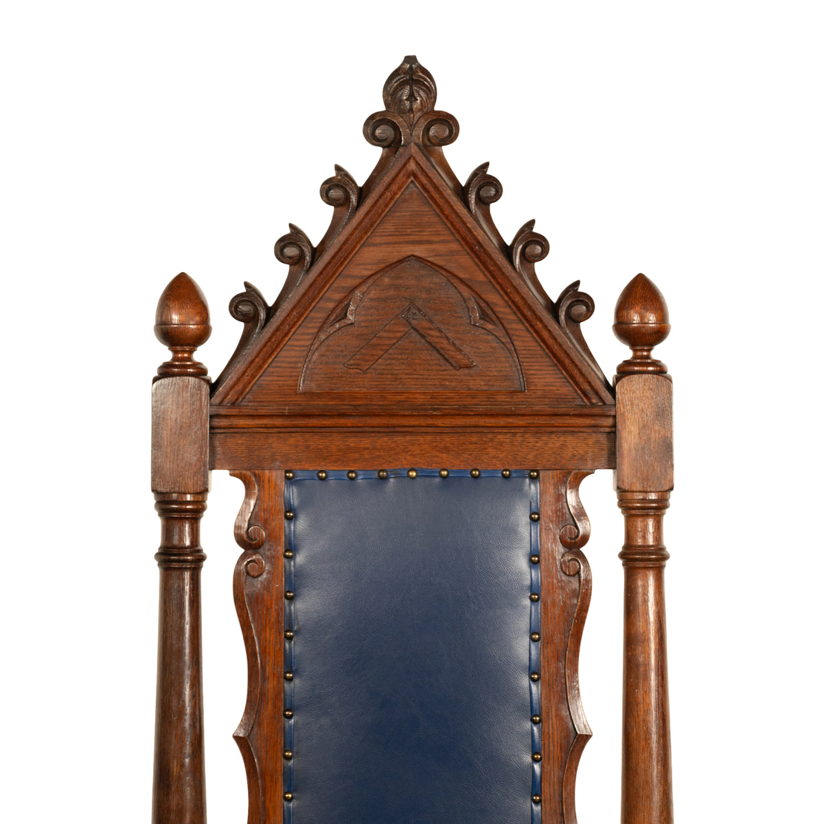Antique Set of 5 Gothic Revival Irish Masonic Oak & Leather Throne Chairs 1900