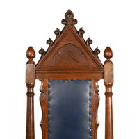 Antique Set of 5 Gothic Revival Irish Masonic Oak & Leather Throne Chairs 1900