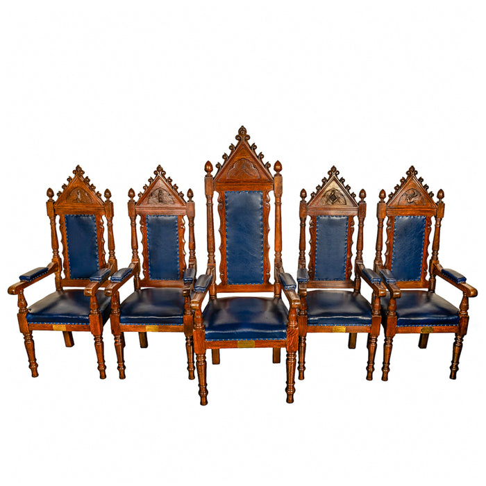 Antique Set of 5 Gothic Revival Irish Masonic Oak & Leather Throne Chairs 1900