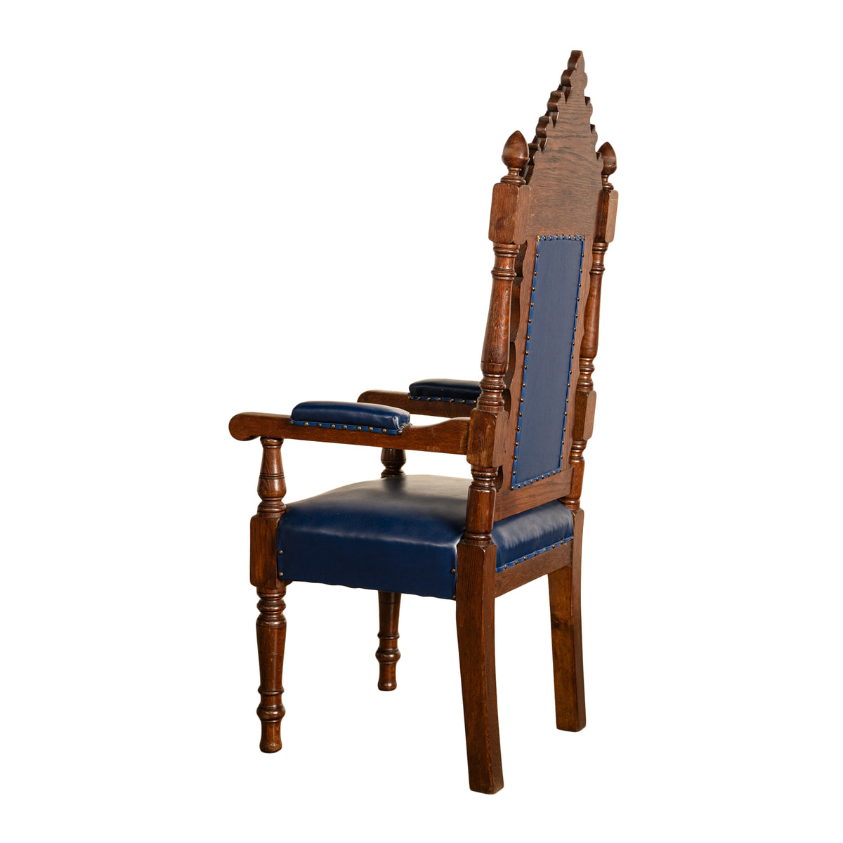 Antique Set of 5 Gothic Revival Irish Masonic Oak & Leather Throne Chairs 1900