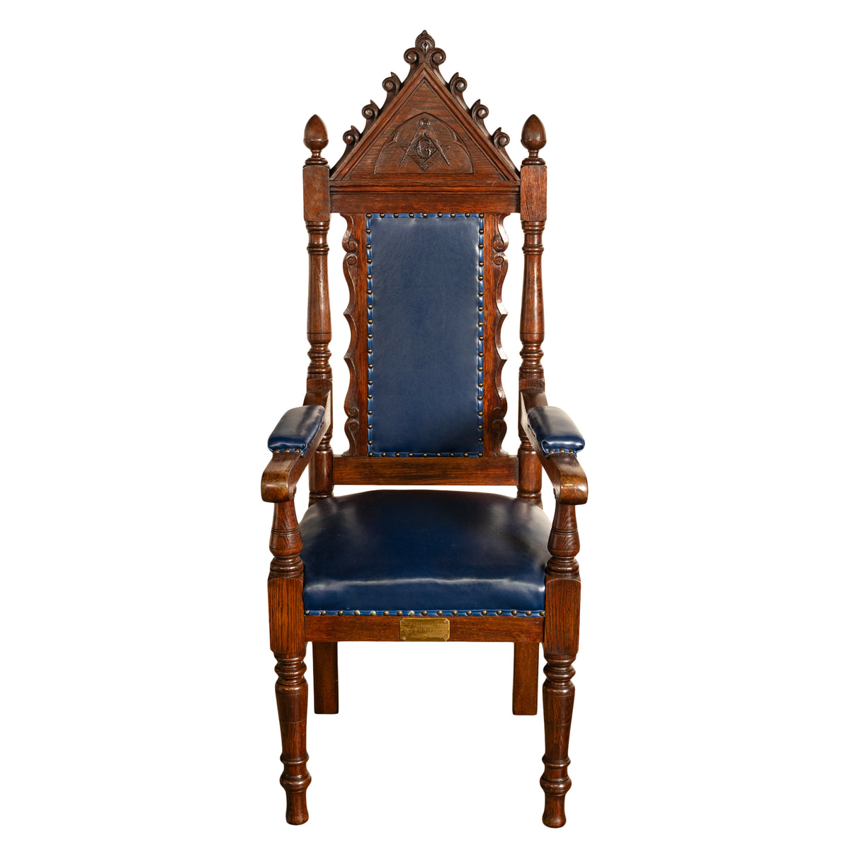 Antique Set of 5 Gothic Revival Irish Masonic Oak & Leather Throne Chairs 1900