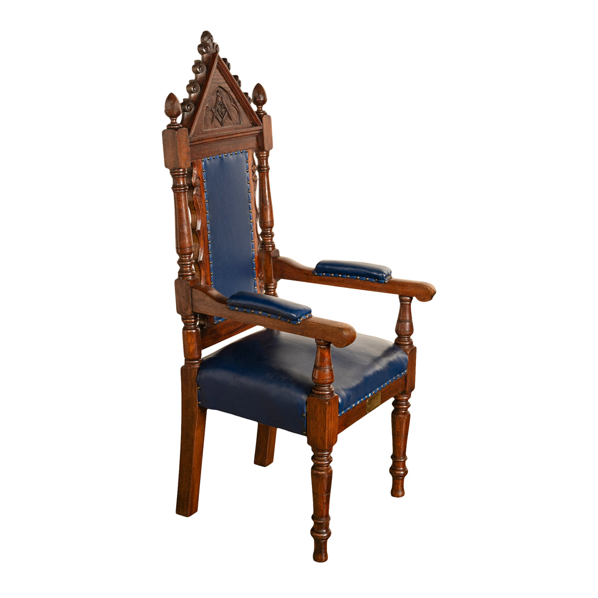 Antique Set of 5 Gothic Revival Irish Masonic Oak & Leather Throne Chairs 1900