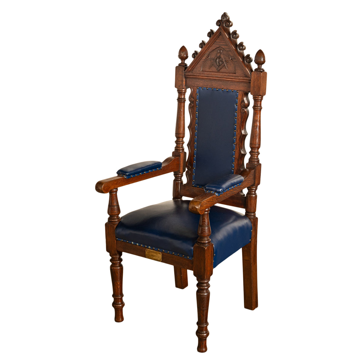 Antique Set of 5 Gothic Revival Irish Masonic Oak & Leather Throne Chairs 1900
