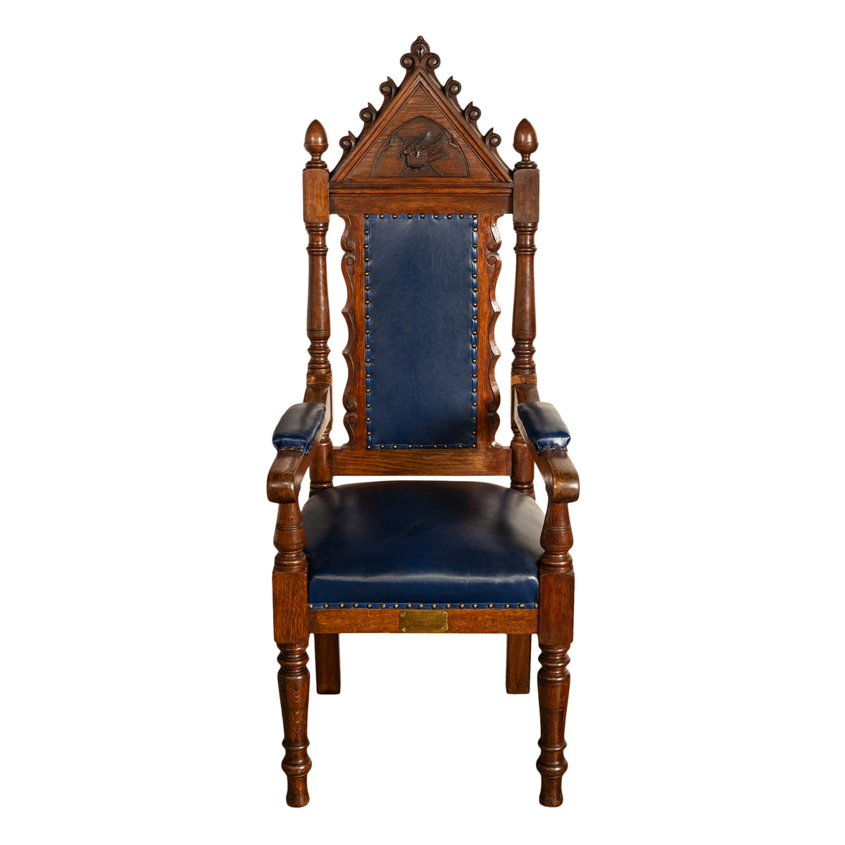 Antique Set of 5 Gothic Revival Irish Masonic Oak & Leather Throne Chairs 1900