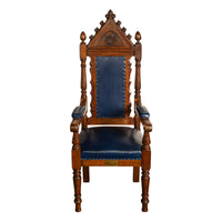 Antique Set of 5 Gothic Revival Irish Masonic Oak & Leather Throne Chairs 1900