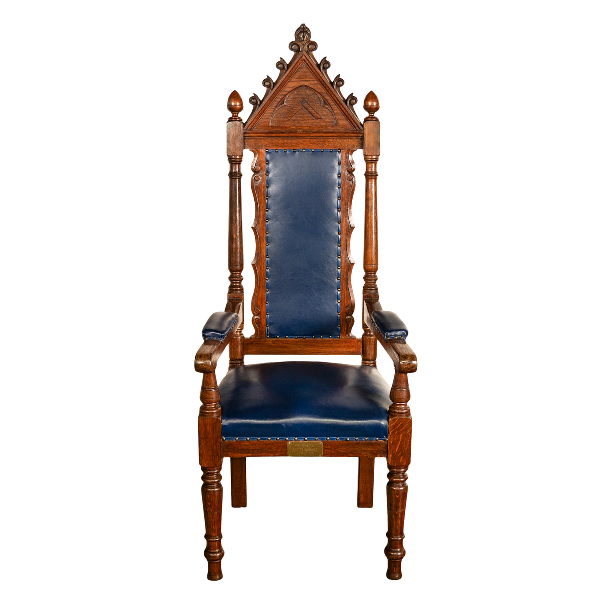 Antique Set of 5 Gothic Revival Irish Masonic Oak & Leather Throne Chairs 1900