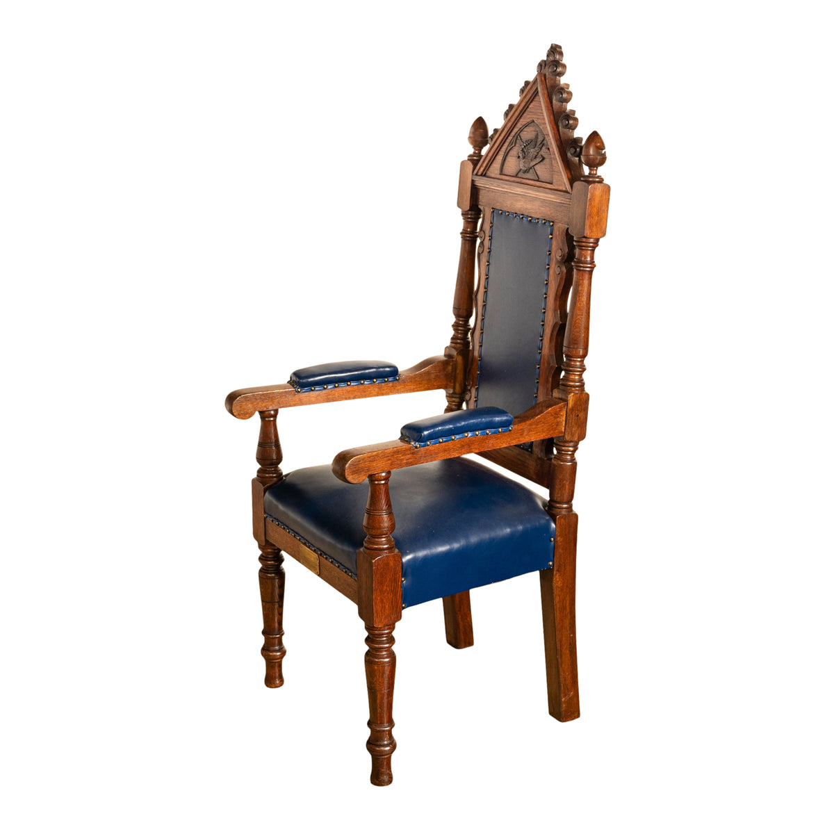 Antique Set of 5 Gothic Revival Irish Masonic Oak & Leather Throne Chairs 1900