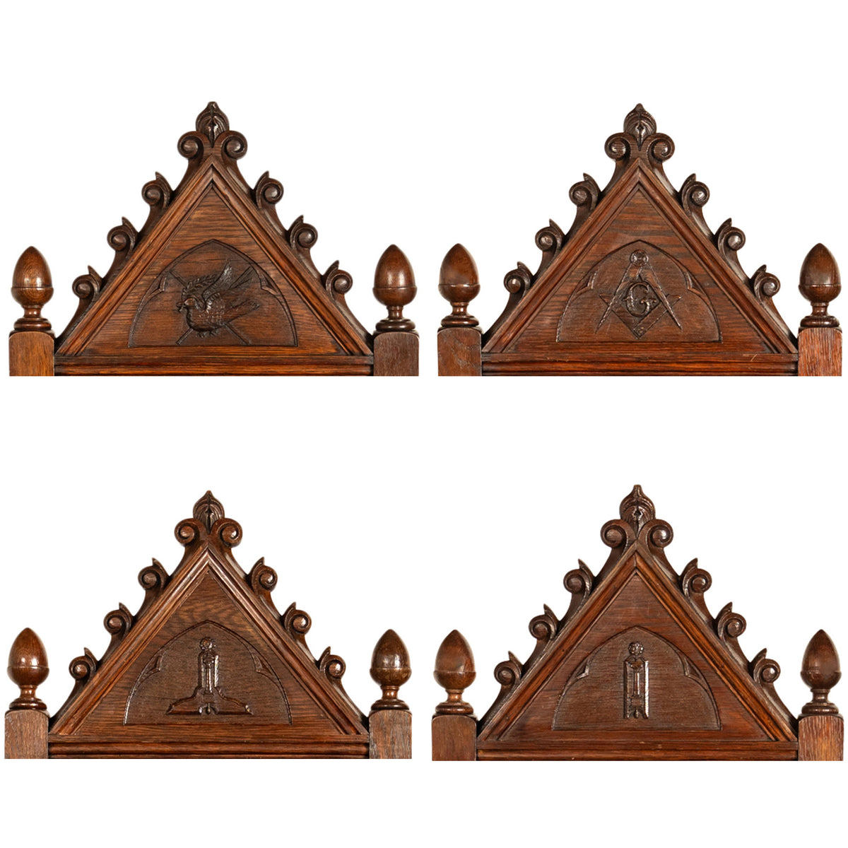Antique Set of 5 Gothic Revival Irish Masonic Oak & Leather Throne Chairs 1900