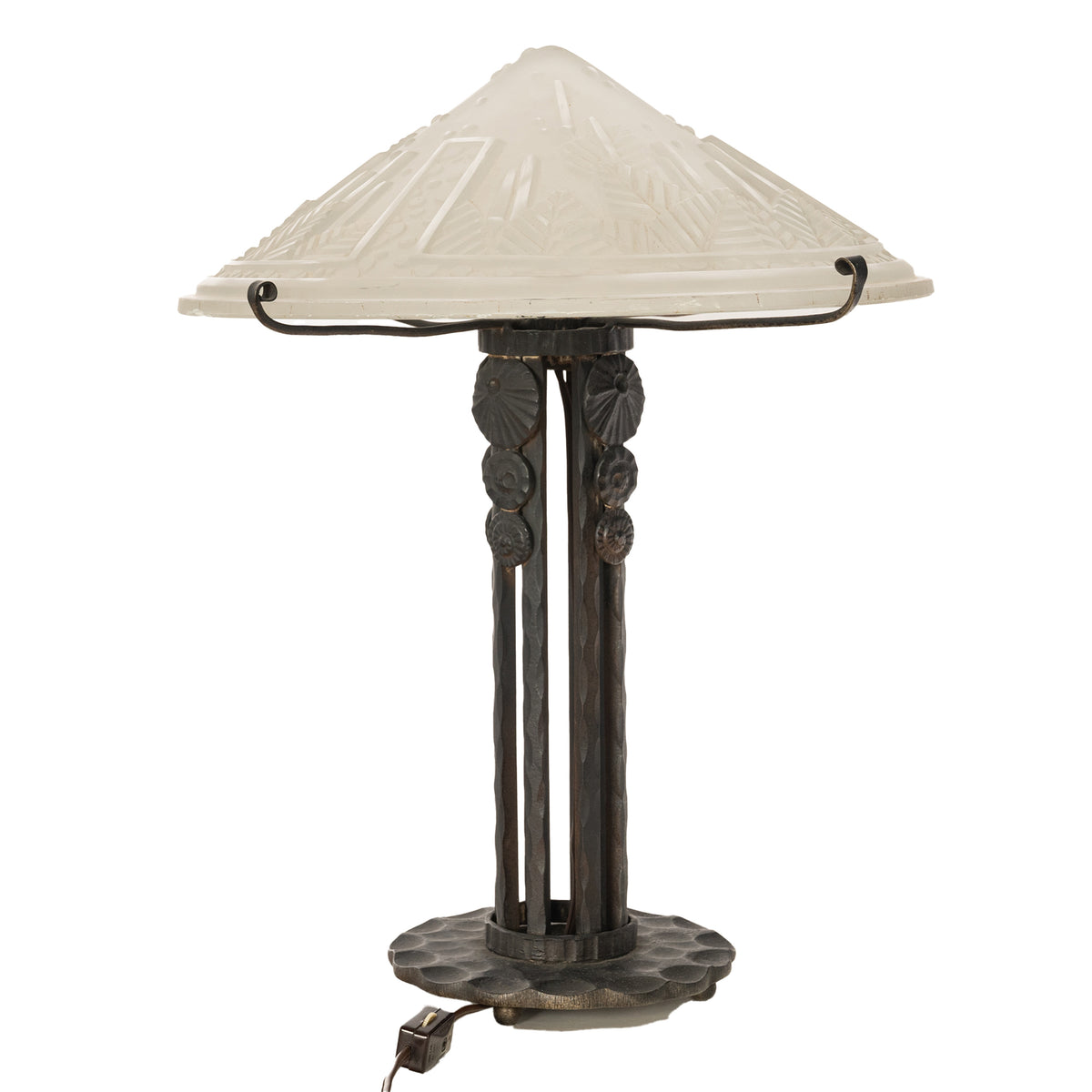 Antique French Art Deco Table Lamp Muller Frères Glass Iron Luneville Signed