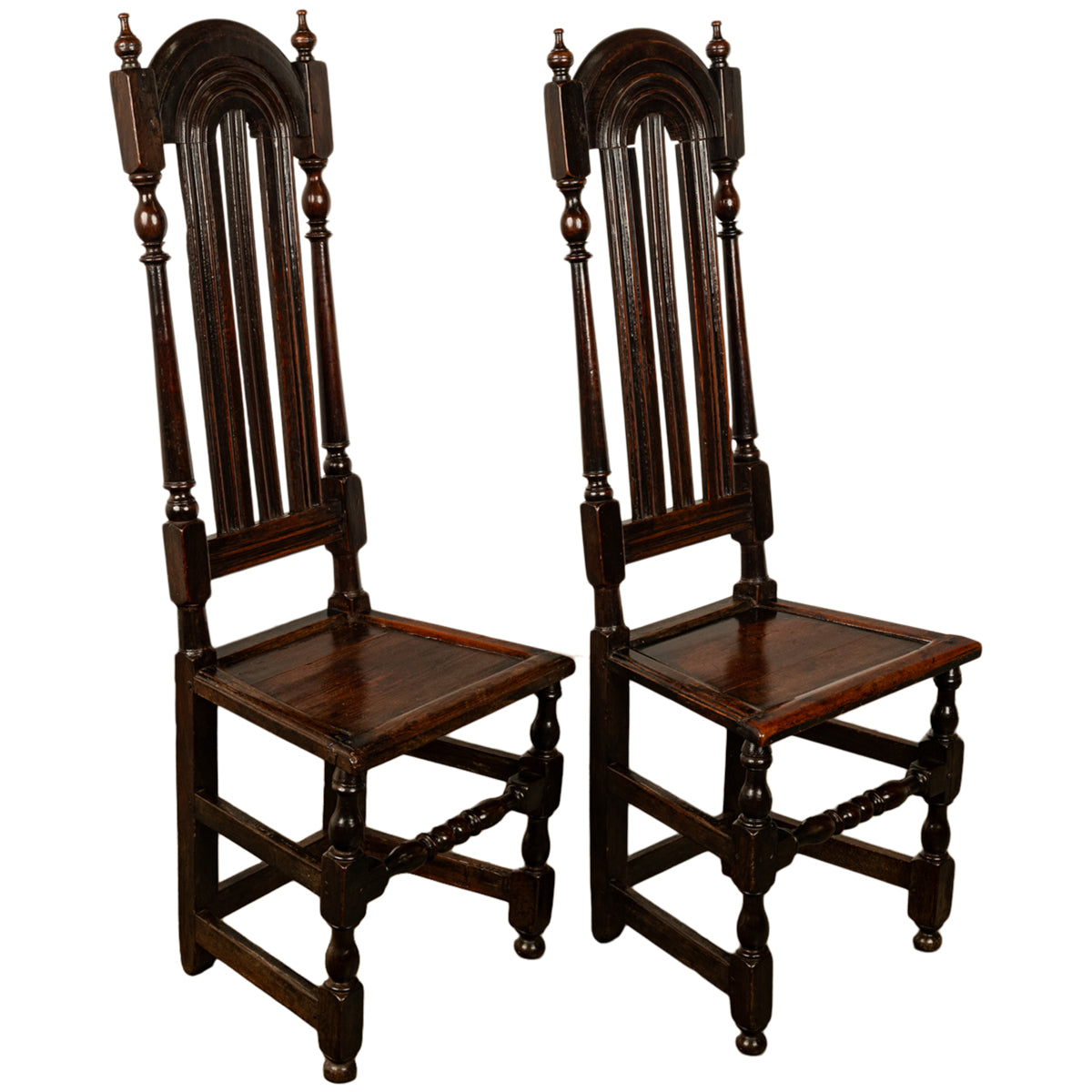 Pair Antique 17th Century William & Mary Oak Joined Back Stools Side Chairs 1690