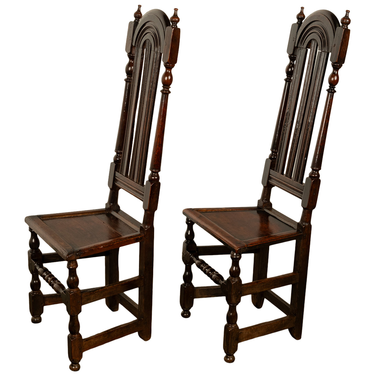 Pair Antique 17th Century William & Mary Oak Joined Back Stools Side Chairs 1690
