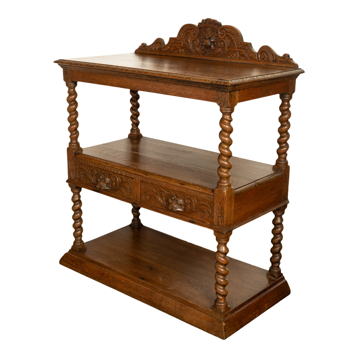 Antique French Renaissance Revival Carved Oak Barley Twist Server Buffet 1870