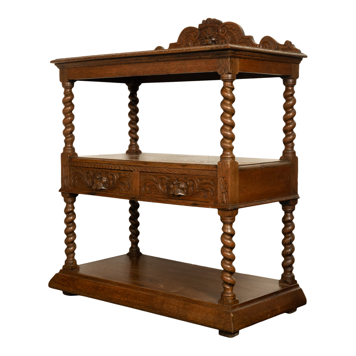 Antique French Renaissance Revival Carved Oak Barley Twist Server Buffet 1870